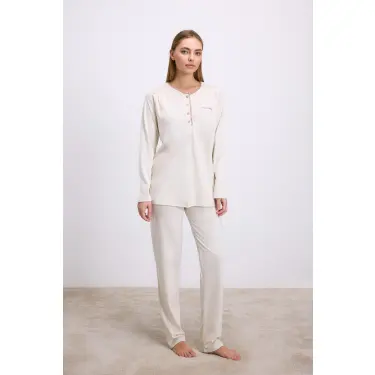 LYYN Fil Dişi Modal Pamuklu Uzun Kollu Düğmeli 2li Pijama Takımı