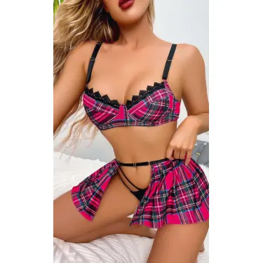 LYYN Fuşya Ekose Etekli Fantazi Kadın Kostüm 3821