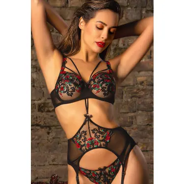 LYYN Golshan Grace Garter Lace Belt , Kadın Siyah Çiçekli Güpür Şık Jartiyer