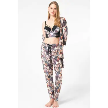 LYYN Kadife Çiçek Desenli Sabahlık Balenli Destekli Dolgulu Yaka Detaylı Dantelli Büstiyer Sütyen Ve Pantolon Pijama 3lü Takım