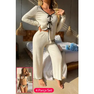 LYYN Kadın Beyaz Fiyonklu İç Çamaşırı ve Uzun Kollu V Yaka Pijama Takımı 4lü Set