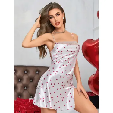 LYYN Kadın Beyaz Fuşya Kalp Desenli Saten Gecelik 2219