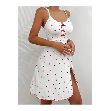LYYN Kadın Beyaz Kırmızı Kalp Desenli Askılı  Elbise 5066