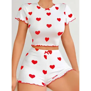 LYYN Kadın Beyaz Kırmızı Kalp Desenli Şortlu Gecelik Takım 5023