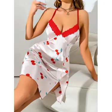 LYYN Kadın Beyaz Kırmızı Kiraz Desenli Saten Gecelik 2230