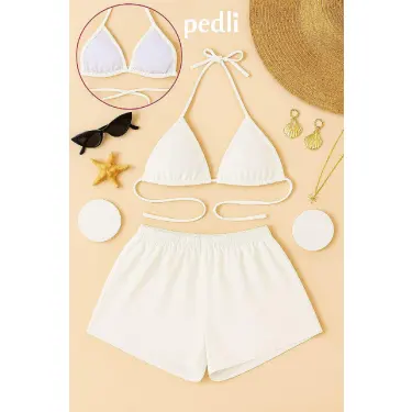 LYYN Kadın Beyaz Şortlu Belden ve Boyundan Bağlamalı Bikini Takımı