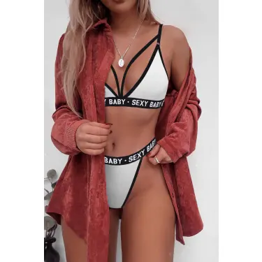 LYYN Kadın Beyaz Yazı Detaylı Ipli Sütyen Takımı