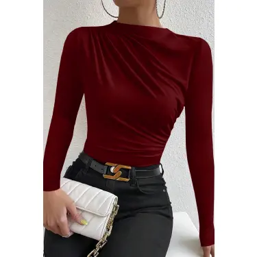 LYYN Kadın Bordo Belden ve Boyundan Büzgü Detaylı Uzun Kollu Bluz