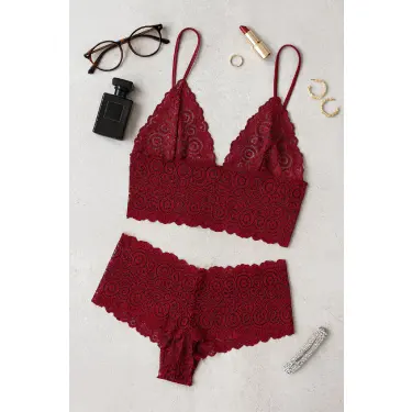 LYYN Kadın Bordo Dantel Bralet Şort Takımı – Asil ve Sofistike İç Giyim