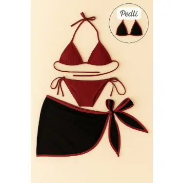 LYYN Kadın Bordo Siyah Pareolu Yandan ve Boyundan Bağlamalı 3lü Bikini Takımı