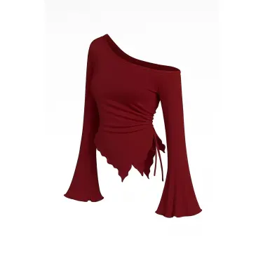 LYYN Kadın Bordo Uzun İspanyol Kollu Asimetirik Yaka Yandan Bağlamalı Drapeli Bluz