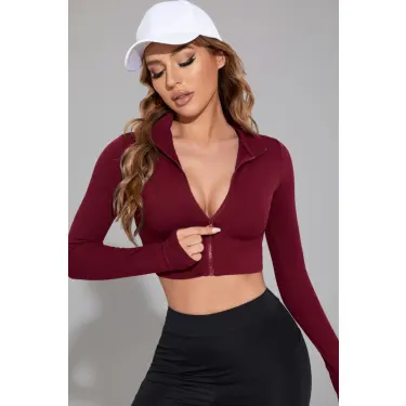 LYYN Kadın Bordo Uzun Kol Fermuarlı Parmak Geçme Detaylı Dik Yaka Crop Top Bluz