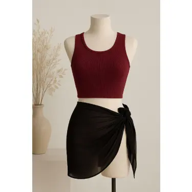 LYYN Kadın Bordo Yuvarlak Yaka Crop ve Siyah Pareo 2li Set