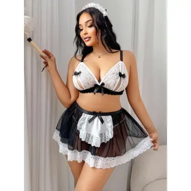LYYN Kadın Büyük Beden  Seksi Hizmetçi Kostüm Fantezi Transparan Tül Fantezi Erotik 8006