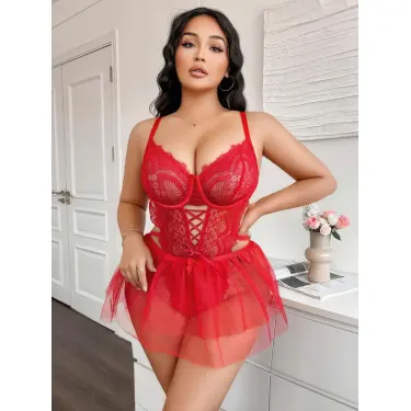 LYYN Kadın Çapraz İpli Dantelli Büyük Beden Tüllü Transparan Fantezi Gecelik 8008