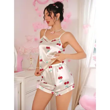 LYYN Kadın Ekru Kiraz Desenli Saten Şort Pijama Takımı 2226