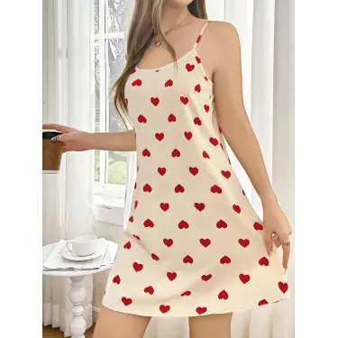 LYYN Kadın Ekru Kırmızı Kalp Desenli Askılı  Elbise 5104
