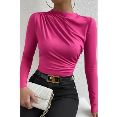 LYYN Kadın Fuşya Belden ve Boyundan Büzgü Detaylı Uzun Kollu Bluz