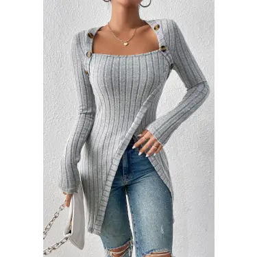 LYYN Kadın Gri Düğme Detaylı Kare Yaka Fitilli Asimetrik Etekli Uzun Kollu Bluz