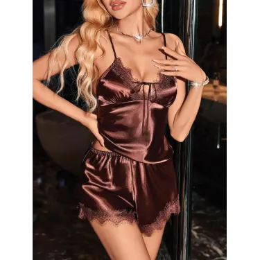 LYYN Kadın Kahverengi Askılı Dantel Saten Üst Pijama Takımı 2228