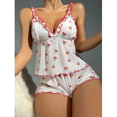 LYYN Kadın Kiraz Desenli Fırfırlı Şortlu Gecelik Takım 5101