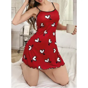 LYYN Kadın Kırmızı Beyaz Kalp Desenli Askılı Elbise 5063