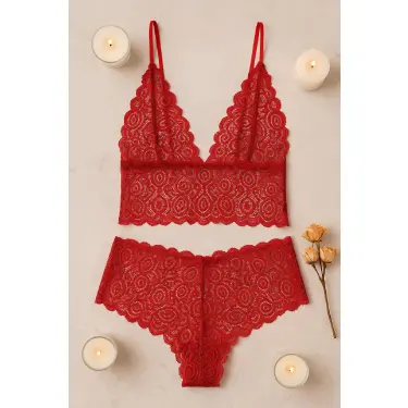LYYN Kadın Kırmızı Dantel Bralet Şort Takımı – Tutkulu ve Çekici İç Giyim