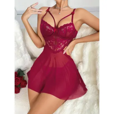 LYYN Kadın Kırmızı Fantazi Gecelik Tül Göğüs Dantel Dekolteli Fiyok Detaylı 2162