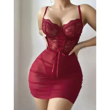 LYYN Kadın Kırmızı Fantezi Gecelik Tül Dantel Fiyonk Detaylı Askılı 2209