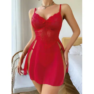 LYYN Kadın Kırmızı Fantezi Gecelik Tül Fiyonk detaylı Yanları Dekolteli 2160