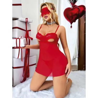 LYYN Kadın Kırmızı Göğüs Dekolteli Tül Gecelik Tanga Takım 2180