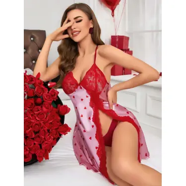 LYYN Kadın Kırmızı Kalp Desenli Saten Gecelik 2220