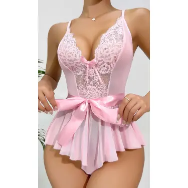 LYYN Kadın  Kontrast Dantel Kemerli Teddy Body Gecelik 2118