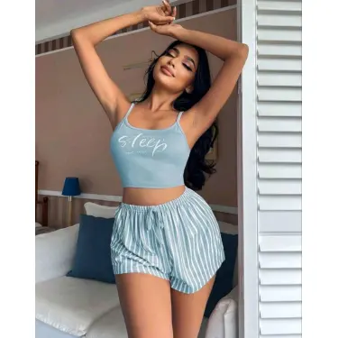 LYYN Kadın Mavi Çizgilidesenli Askılı Şortlu Pijama Takım 9001