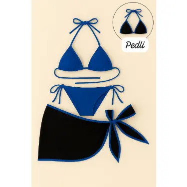 LYYN Kadın Mavi Pareolu Yandan ve Boyundan Bağlamalı 3lü Bikini Takımı