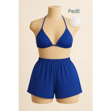 LYYN Kadın Mavi Şortlu Belden ve Boyundan Bağlamalı Bikini Takımı