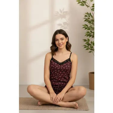 LYYN Kadın Mor Kalp Desenli Askılı Şortlu Dantelli Pijama Takımı