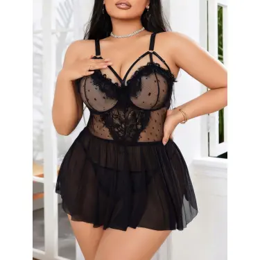 LYYN Kadın Nakışlı Siyah Gotik İp Askılı Büyük Beden Tüllü Transparan Fantezi Gecelik 8007