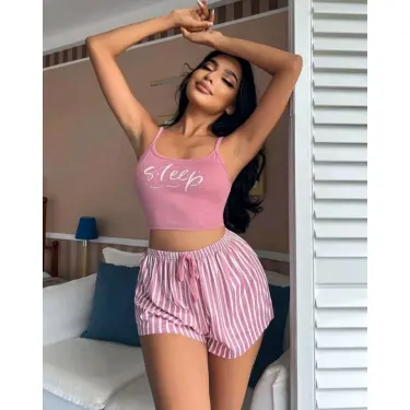 LYYN Kadın Pembe Çizgili Desen Askılı Şortlu Pijama Takım 9002