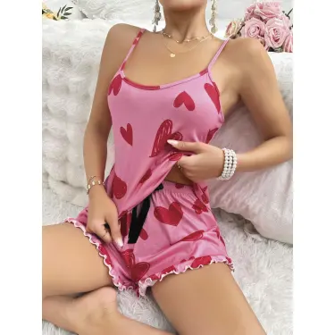 LYYN Kadın Pembe Kalp Baskılı Şortlu Gecelik Pijama Takımı 5050