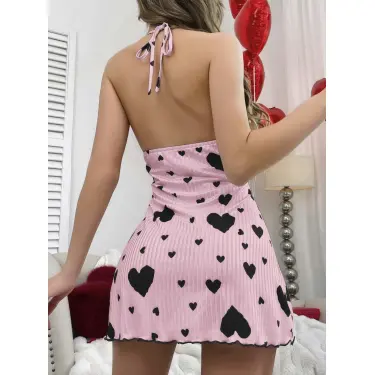 LYYN Kadın Pembe Syah Kalp Desenli Askılı Sırt Dekolteli Elbise 5065