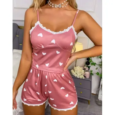 LYYN Kadın Pudra Kalp Desenli Seksi Gecelik Takım 6641
