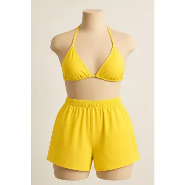 LYYN Kadın Sarı Şortlu Belden ve Boyundan Bağlamalı Bikini Takımı