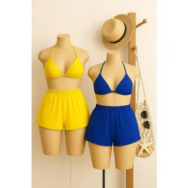 LYYN Kadın Sarı ve Mavi Şortlu Belden ve Boyundan Bağlamalı Bikini Takımı