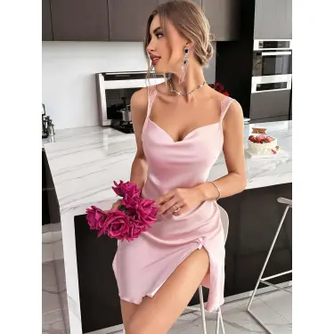 LYYN Kadın Saten Askılı Dantel Detaylı Gecelik - Pudra Pembe 2224