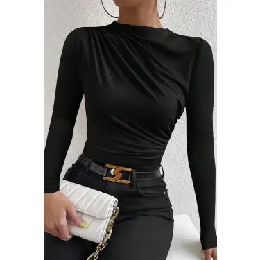 LYYN Kadın Siyah Belden ve Boyundan Büzgü Detaylı Uzun Kollu Bluz