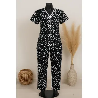 LYYN Kadın Siyah Beyaz Kalp Desenli Fiyonklu Kısa Kollu Pijama Takımı