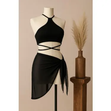 LYYN Kadın Siyah Çapraz Bağlamalı Crop ve Pareo 2li Set