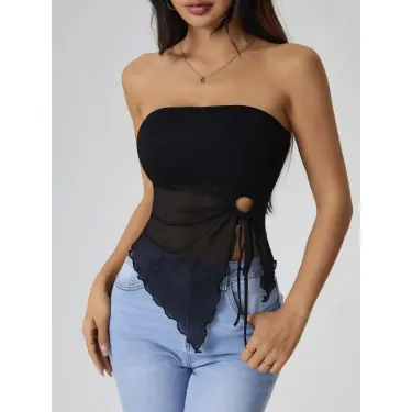 LYYN Kadın Siyah Crop Önden Halka Büzgü Detaylı 5094