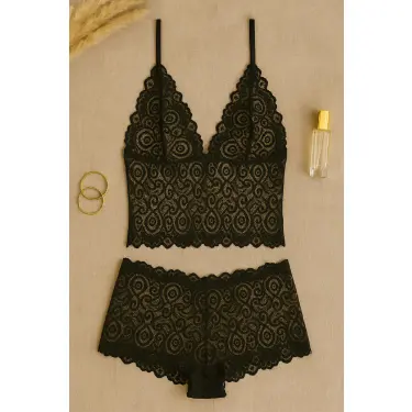 LYYN Kadın Siyah Dantel Bralet Şort Takımı – Şık, Zarif ve Feminen İç Giyim